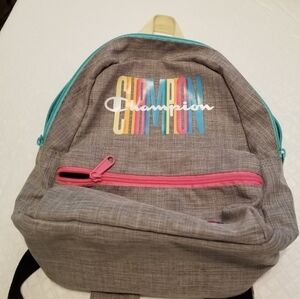 Champion varsity mini backpack grey pastel lettering 11.5 in long 3 in wide
